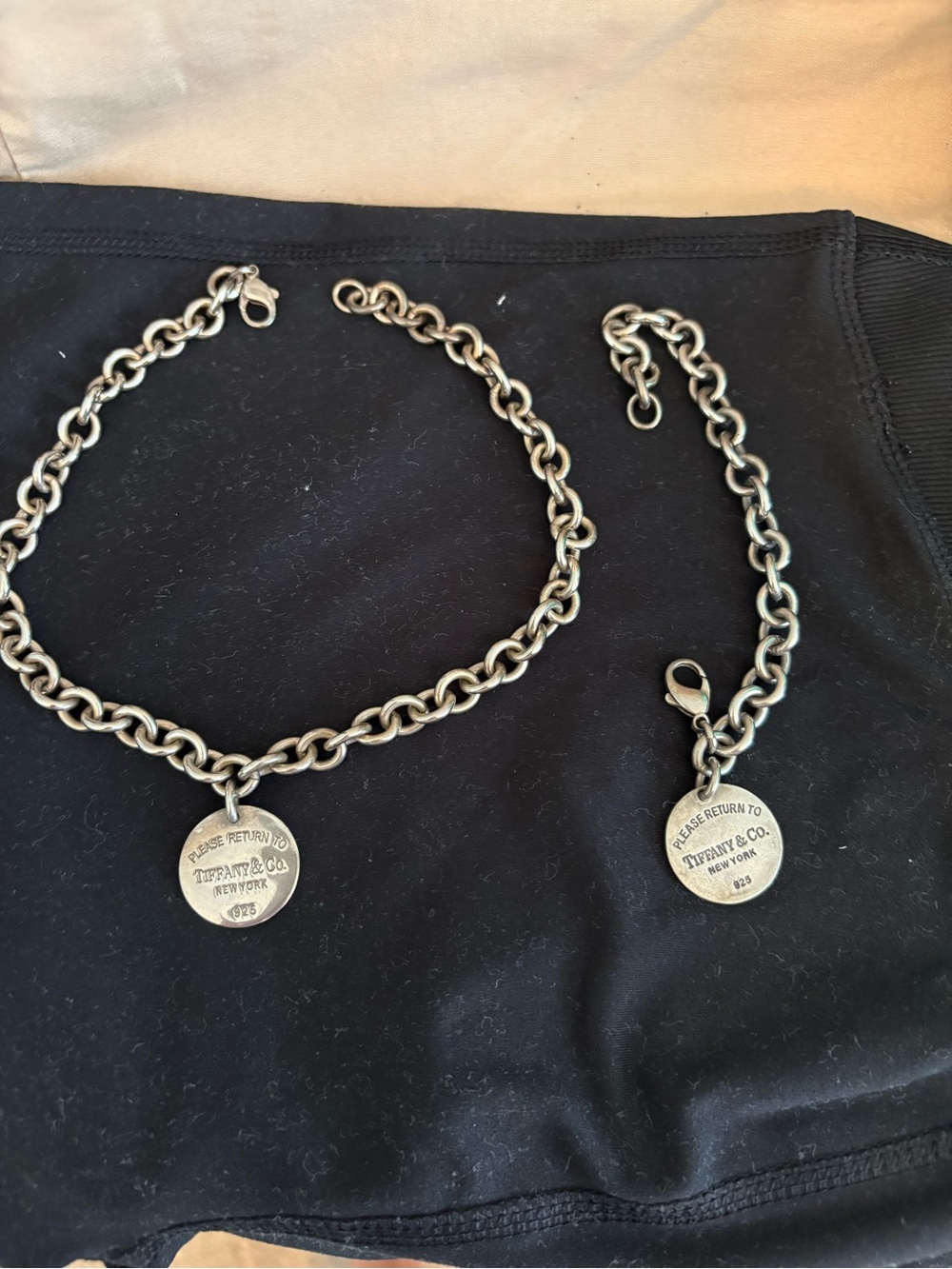 Tiffany & Co. Silver Round Tag Charm Necklace and Bracelet Set Sterling Silver